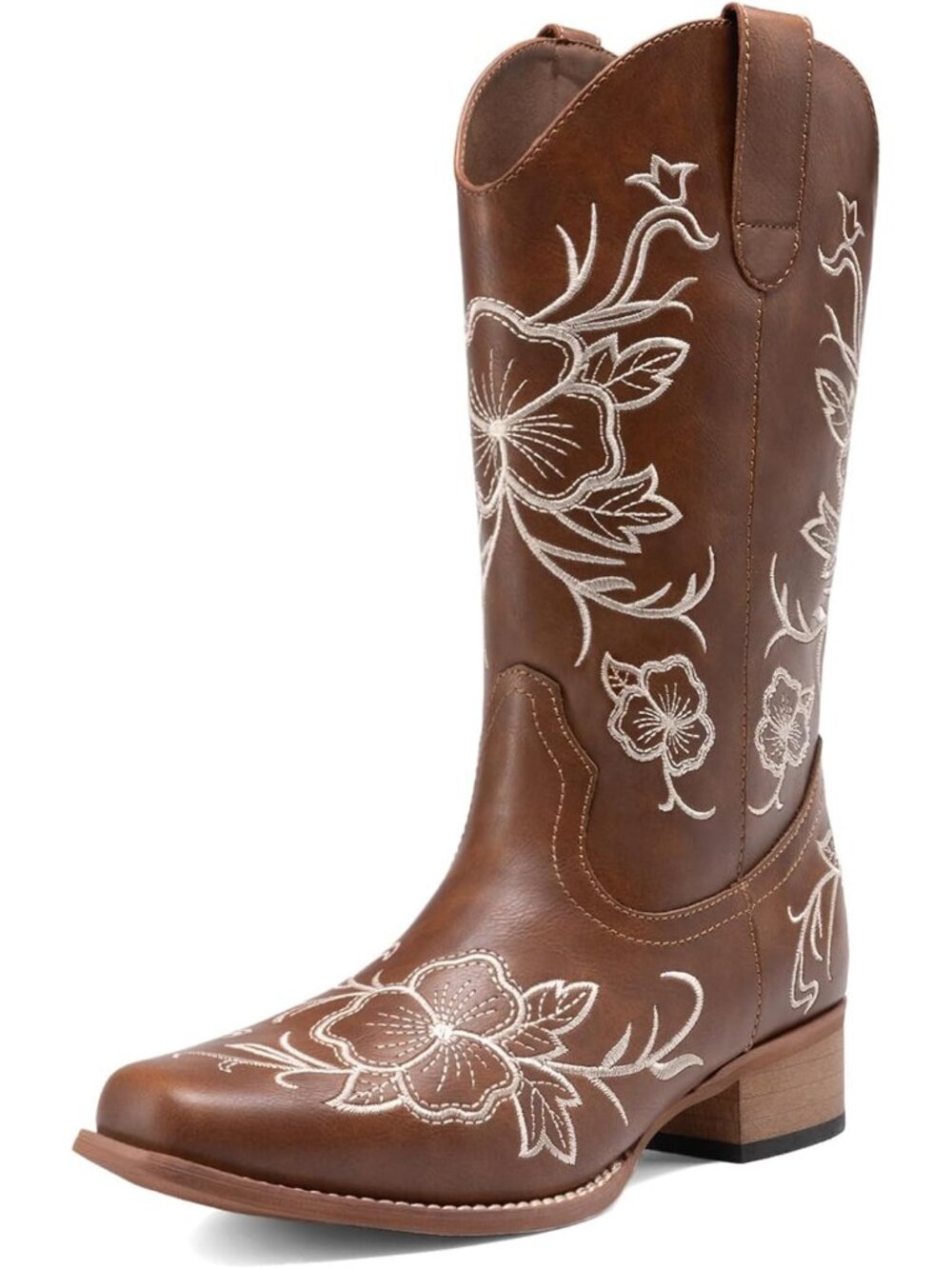 Women's Brown Faux Leather Chunky Low Heel Square Toe Western Cowgirl Heel Boots